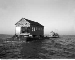 black and white image of thomas oyster house at mystic seaport museum
