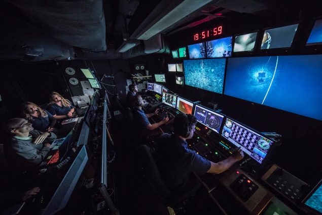 GFOE engineers and pilots fly deep-sea robots from the control room of a ship. (Photo credit: Global Foundation for Ocean Exploration)