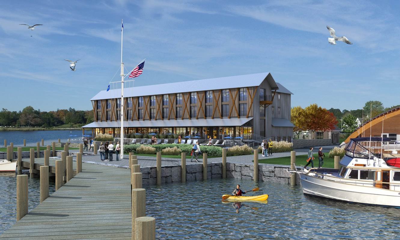 The hotel as seen from the Cruising Club of America dock on the north end of the Museum grounds. (Credit: Beinfield Architects)