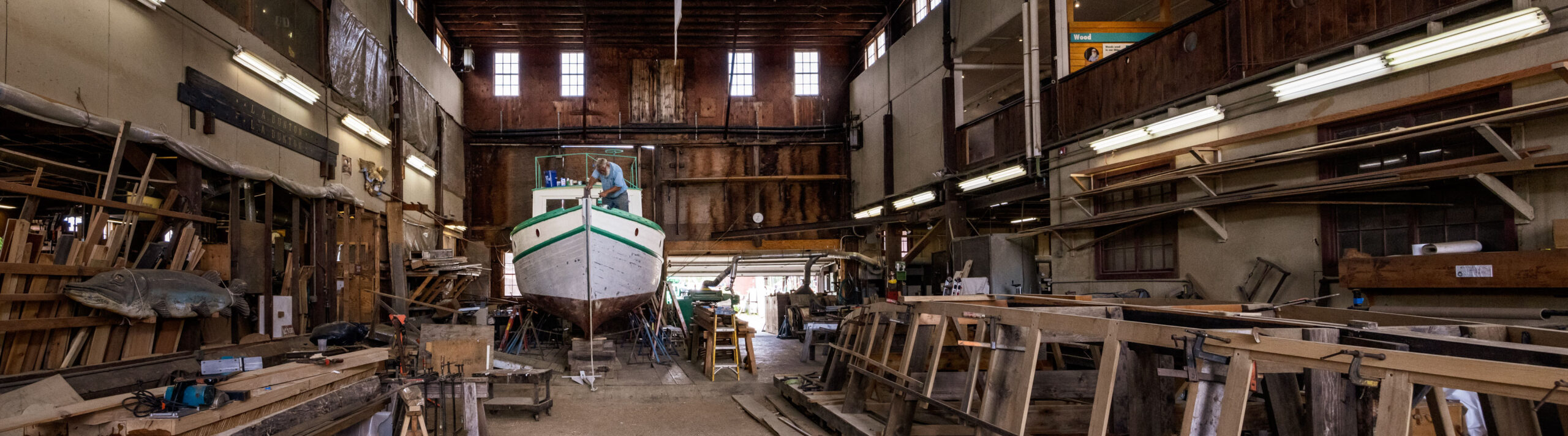 inside wooden boat shipyard