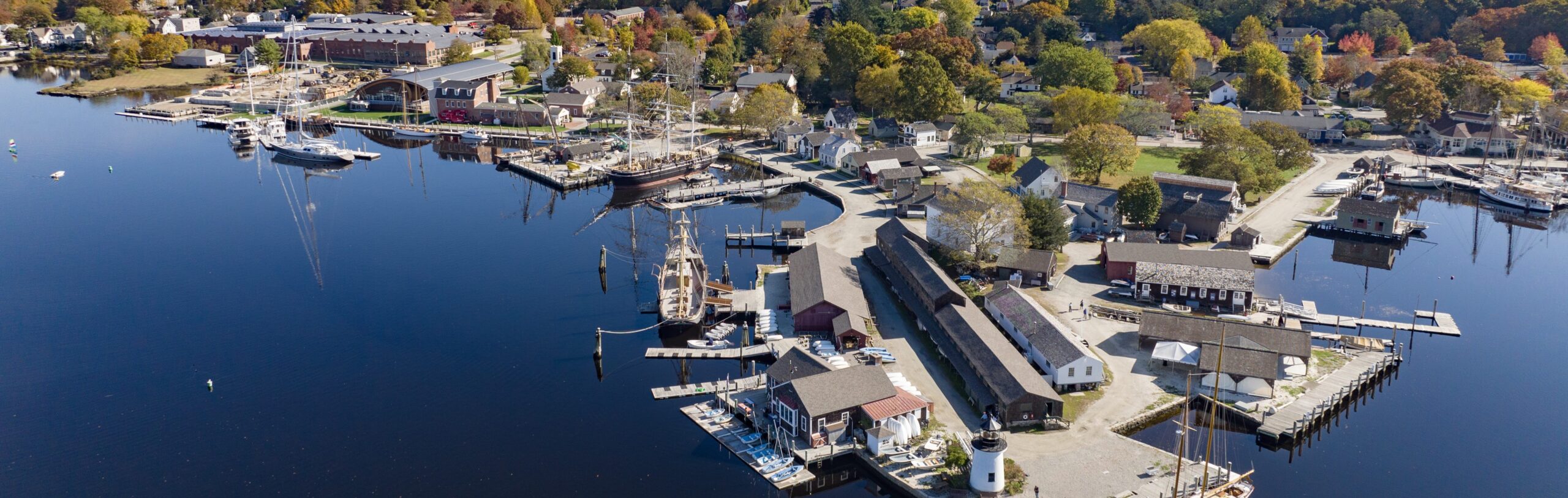 Mystic Seaport Museum covers 19 acres on the Mystic River waterfront.